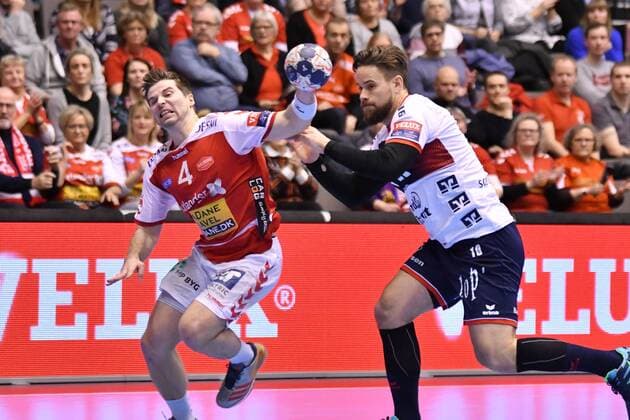 Aalborg Handbold - SG Flensburg-Handewitt, EHF Champions League; Aalborg, 04.03.18 Aalborg, 04.03.18, Handball, VELUX EHF Champions League, Saison 2017 2018, Gruppenphase, Aalborg Handbold - SG Flensburg-Handewitt : Patrick Wiesmach (Aalborg Handbold, 04), Thomas Mogensen (SG Flensburg-Handewitt, 10)