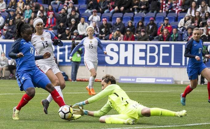 HARRISON, NJ - MARCH 04: Alex Morgan (13) of the USWNT moves in as Griedge Mbock Bathy (19) covers her goalkeeper Sara Bouhaddi (16) of France during a She Believes Cup match between the USWNT and France on March 04, 2018, at Red Bull Arena, in Harrison, N.J. The game ended in a 1-1 tie. (Photo by Tony Quinn Icon Sportswire) SOCCER: MAR 04 SheBelieves Cup - USA v France Icon25518030437 EDITORIAL USE ONLY