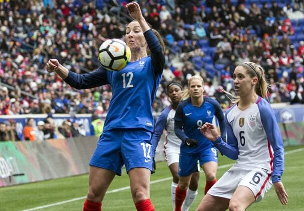 HARRISON, NJ - MARCH 04: Morgan Brian (6) of the USWNT watches as Gaetane Thiney (12) of France chests down the ball during a She Believes Cup match between the USWNT and France on March 04, 2018, at Red Bull Arena, in Harrison, N.J. The game ended in a 1-1 tie. (Photo by Tony Quinn Icon Sportswire) SOCCER: MAR 04 SheBelieves Cup - USA v France Icon25518030445 EDITORIAL USE ONLY