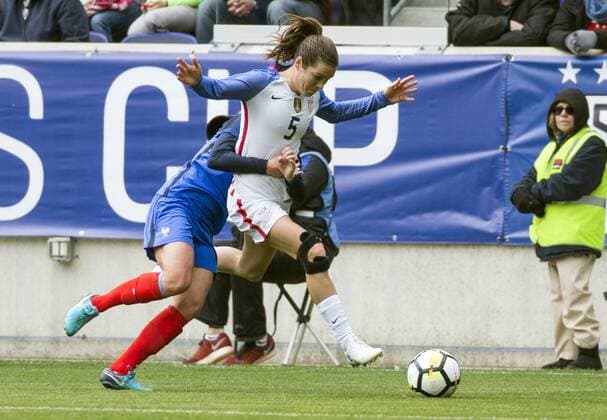 HARRISON, NJ - MARCH 04: Marion Torrent (17) of France grabs onto Kelley O Hara (5) of the USWNT during a She Believes Cup match between the USWNT and France on March 04, 2018, at Red Bull Arena, in Harrison, N.J. The game ended in a 1-1 tie. (Photo by Tony Quinn Icon Sportswire) SOCCER: MAR 04 SheBelieves Cup - USA v France Icon25518030449 EDITORIAL USE ONLY