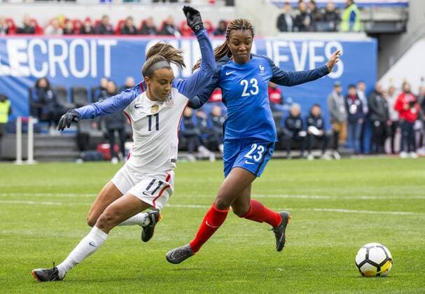 HARRISON, NJ - MARCH 04: Mallory Pugh (11) of the USWNT turns with Grace Geyoro (23) of France to go after a loose ball during a She Believes Cup match between the USWNT and France on March 04, 2018, at Red Bull Arena, in Harrison, N.J. The game ended in a 1-1 tie. (Photo by Tony Quinn Icon Sportswire) SOCCER: MAR 04 SheBelieves Cup - USA v France Icon25518030468 EDITORIAL USE ONLY