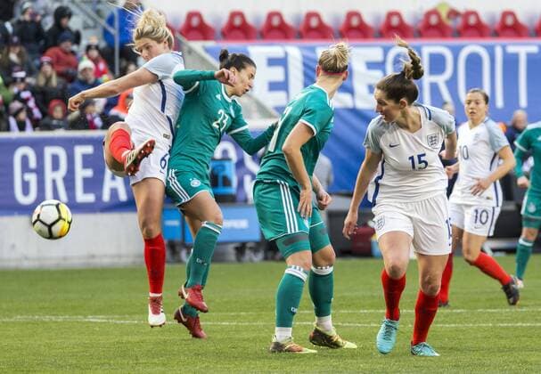HARRISON, NJ - MARCH 04: Millie Bright (6) of England boots the ball away from Hasret Kayikci (23) of Germany during a She Believes Cup match between England and Germany, on March 04, 2018, at Red Bull Arena, in Harrison, N.J. The game ended in a 2-2 tie. (Photo by Tony Quinn Icon Sportswire) SOCCER: MAR 04 SheBelieves Cup - England v Germany Icon25518030408 EDITORIAL USE ONLY