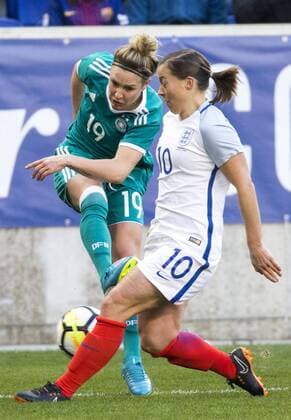 HARRISON, NJ - MARCH 04: Fran Kirby of England blocks a shot by Svenja Huth (19) of Germany during a She Believes Cup match between England and Germany, on March 04, 2018, at Red Bull Arena, in Harrison, N.J. The game ended in a 2-2 tie. (Photo by Tony Quinn Icon Sportswire) SOCCER: MAR 04 SheBelieves Cup - England v Germany Icon25518030411 EDITORIAL USE ONLY