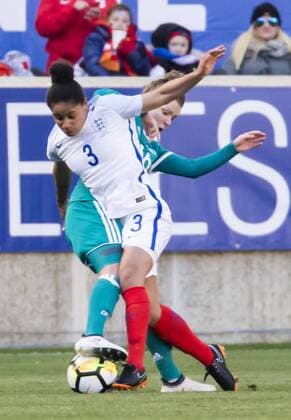 HARRISON, NJ - MARCH 04: Linda Dallmann (16) of Germany tackles Demi Stokes (3) of England during a She Believes Cup match between England and Germany, on March 04, 2018, at Red Bull Arena, in Harrison, N.J. The game ended in a 2-2 tie. (Photo by Tony Quinn Icon Sportswire) SOCCER: MAR 04 SheBelieves Cup - England v Germany Icon25518030413 EDITORIAL USE ONLY