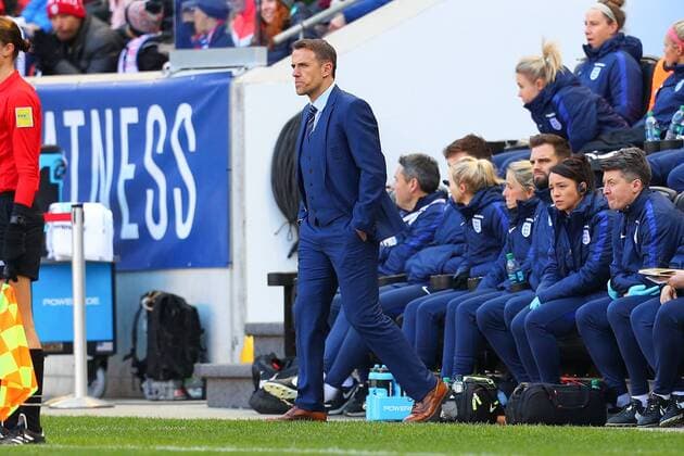 HARRISON, NJ - MARCH 04: England head coach Phil Neville during the first half of the SheBelieves Cup Womens Soccer game between Germany and England on March 4, 2018, at Red Bull Arena in Harrison, NJ. (Photo by Rich Graessle Icon Sportswire) SOCCER: MAR 04 SheBelieves Cup - England v Germany Icon0304182679 EDITORIAL USE ONLY