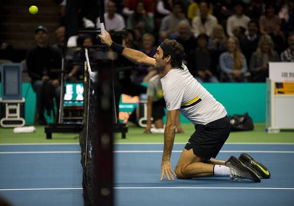 March 5, 2018 - San Jose, California, U.S - ROGER FEDERER has some fun in a volley with JACK SOCK during The Match For Africa 5 Silicon Valley The Match For Africa 5 Silicon Valley - ZUMAs179 20180305_zap_s179_015 Copyright: xRobertxSirotax