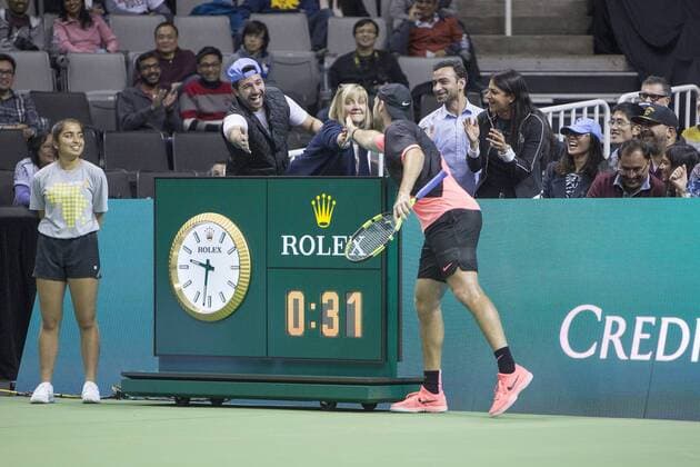 March 05, 2018: Jack Sock (USA) interacts with the crowd during his match against Roger Federer (SUI) at The Match for Africa 5 Silicon Valley played at the SAP Center in San Jose, California. Â© TennisClix CSM Tennis 2018: The Match for Africa 5 Silicon Valley March 05 2018 - ZUMAc04_ 20180305_zaf_c04_036 Copyright: xMalxTaamx
