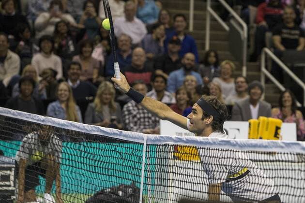 March 05, 2018: Roger Federer (SUI) hits a forehand volley during his doubles set with partner Bill Gates against Jack Sock (USA) and Savannah Guthrie at The Match for Africa 5 Silicon Valley played at the SAP Center in San Jose, California. Â© TennisClix CSM Tennis 2018: The Match for Africa 5 Silicon Valley March 05 2018 - ZUMAc04_ 20180306_zaf_c04_004 Copyright: xMalxTaamx