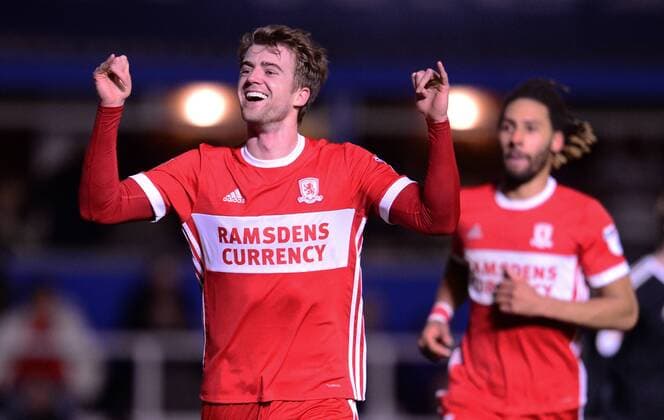 Patrick Bamford of Middlesbrough celebrates after he scores to make it 1-0 during the Sky Bet Championship match between Birmingham City and Middlesbrough at St Andrews, Birmingham, England on 6 March 2018. Copyright: xBradleyxCollyerx PMI-1863-0004