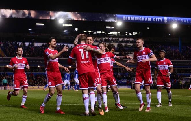 Patrick Bamford of Middlesbrough celebrates with his team mates after he scores to make it 1-0 during the Sky Bet Championship match between Birmingham City and Middlesbrough at St Andrews, Birmingham, England on 6 March 2018. Copyright: xBradleyxCollyerx PMI-1863-0009