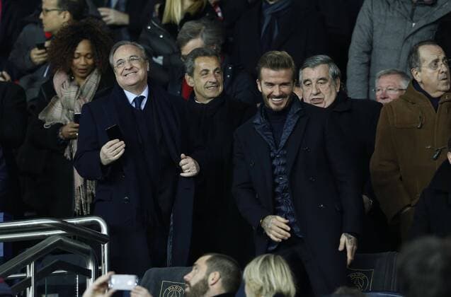 Partido de vuelta de octavos de la Liga de Campeones entre el PSG y el Real Madrid. En la imagen, Florentino Pérez, Beckham, Sarkozy y Ferguson. Champions League 1 16 second leg match between PSG and Real Madrid. In this picture, Florentino Pérez, Beckham, Sarkozy and Ferguson. 