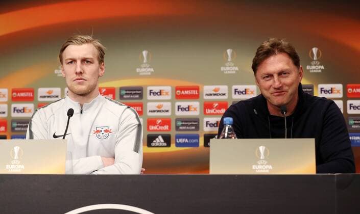 RB Leipzig - PK Euro League Leipzig, 07.03.2018, Red Bull Arena, Fussball, UEFA EURO EM Europameisterschaft Fussball League , PK am Vortag des Achtelfinals, RB Leipzig vs. Zenit St. Petersburg , Im Bild v.l.: Emil Forsberg (RB Leipzig Spieler) und Trainer Ralph Hasenhüttl Hasenhuettl (RB Leipzig) ,