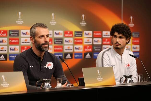SOCCER - EL, Dortmund vs RBS DORTMUND,GERMANY,07.MAR.18 - SOCCER - UEFA Europa League, last sixteen, Borussia Dortmund vs Red Bull Salzburg, preview, press conference PK Pressekonferenz RBS. Image shows head coach Marco Rose and Andre Ramalho (RBS). GEPAxpictures xMathiasxMandl