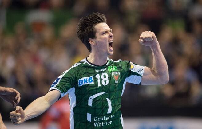 Hans Lindberg (18 B) jubelt. Handball DHB-Pokal - Saison 2017 2018, Viertelfinale: Fuechse Berlin - SC Magdeburg in Berlin, Deutschland am 07.03.2018,