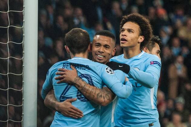Manchester City v FC Basel UEFA Champions League Gabriel Jesus is congratulated by Bernardo Silva (left) and Leroy Sane (right) after scoring his sides first goalduring the UEFA Champions League match at the Etihad Stadium, Manchester Content Not Available For UK Newspapers Copyright: xMattxWilkinsonx FIL-11459-0017