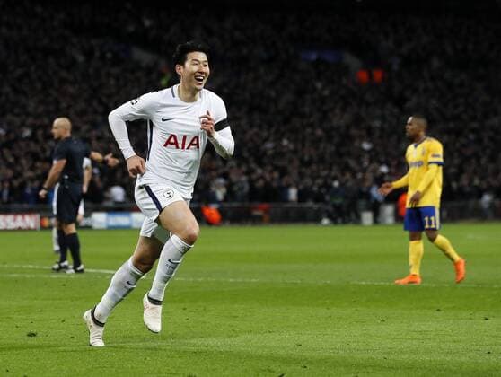 Tottenham s Heung-Min Son celebrates scoring his sides opening goal during the Champions League Round of 16 match at Wembley Stadium, London. Picture date: March 7th 2018. Picture credit should read: David Klein Sportimage EDITORIAL USE ONLY. No use with unauthorised audio, video, data, fixture lists, club league logos or live services. Online in-match use limited to 120 images, no video emulation. No use in betting, games or single club league player publications.