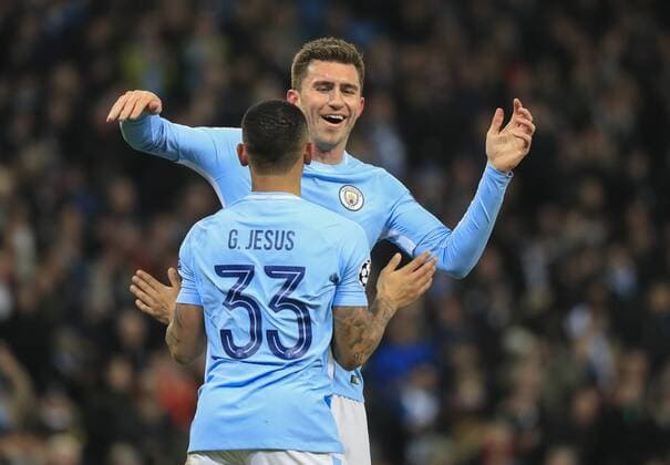 7th March 2018, Etihad Stadium, Manchester, England; UEFA Champions League football, round of 16, 2nd leg, Manchester City versus FC Basel; Gabriel Jesus celebrates with Aymeric Laporte after scoring the opening goal in the seventh minute  ActionPlus11998972