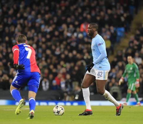 7th March 2018, Etihad Stadium, Manchester, England; UEFA Champions League football, round of 16, 2nd leg, Manchester City versus FC Basel; Yaya Toure of Manchester City moves the ball forward  ActionPlus11998974
