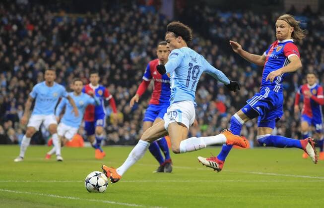 7th March 2018, Etihad Stadium, Manchester, England; UEFA Champions League football, round of 16, 2nd leg, Manchester City versus FC Basel; Leroy Sane of Manchester City prepares to cross the ball  ActionPlus11998981