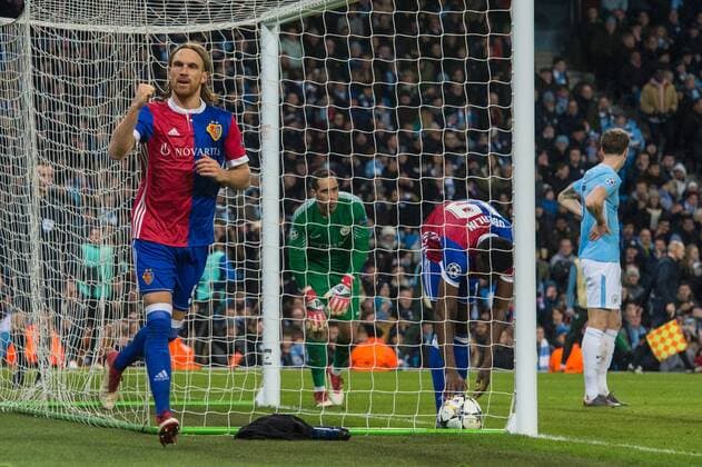 Manchester City v FC Basel UEFA Champions League Michael Lang of Basel celebrates after scoring his sides second goal during the UEFA Champions League match at the Etihad Stadium, Manchester Content Not Available For UK Newspapers Copyright: xMattxWilkinsonx FIL-11459-0029
