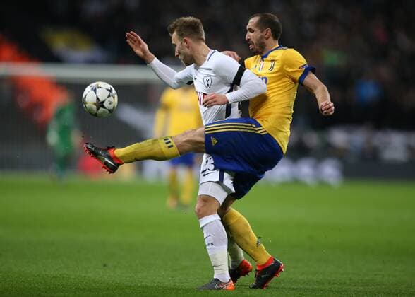 7th March 2018, Wembley Stadium, London England; UEFA Champions League football, round of 16, 2nd leg, Tottenham Hotspur versus Juventus; Giorgio Chiellini of Juventus puts pressure on Christian Eriksen of Tottenham Hotspur  ActionPlus11998989