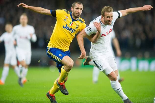 Tottenham s Harry Kane and Juventus Giorgio Chiellini during the UEFA Champions League match between Tottenham Hotspur and Juventus at Wembley Stadium, London, England on 7 March 2018. Copyright: xAndrewxAleksiejczukx PMI-1869-0011