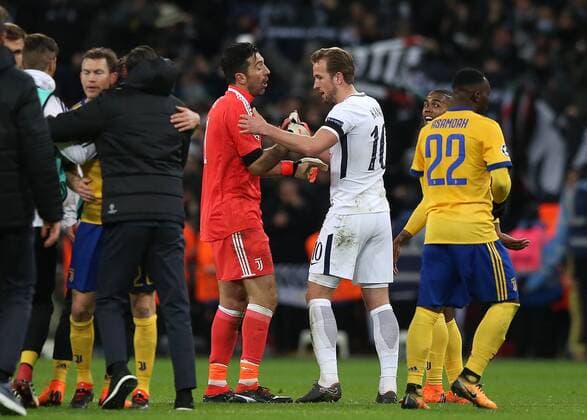 7th March 2018, Wembley Stadium, London England; UEFA Champions League football, round of 16, 2nd leg, Tottenham Hotspur versus Juventus; Harry Kane of Tottenham Hotspur goes over to congratulate Goalkeeper Gianluigi Buffon of Juventus after the final whistle as Juventus knock out Tottenham Hotspur  ActionPlus11999001