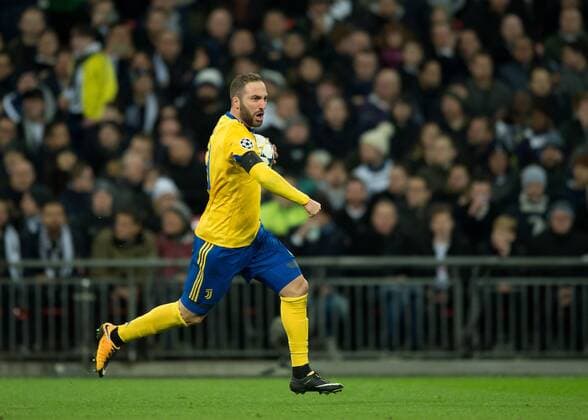 Gonzalo Higua?n of Juventus celebrates scoring the equalising goal during the UEFA Champions League round of 16 leg 2of2 match between Tottenham Hotspur and Juventus at Wembley Stadium, London, England on 7 March 2018. Copyright: xVincexMignottx PMI-1866-0024