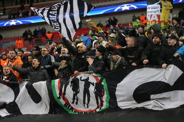 Tottenham Hotspur v Juventus UEFA Champions League The Juventus fans celebrate victory at the end of the UEFA Champions League match at Wembley Stadium, London Content Not Available For UK Newspapers Copyright: xPaulxChestertonx FIL-11460-0077