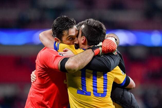 March 7, 2018 - London, United Kingdom - Gianluigi Buffon of Juventus celebrates the victory with Paulo Dybala of Juventus and Gonzalo Higuain of Juventus at the end of the UEFA Champions League match between Tottenham Hotspur and Juventus at Wembley Stadium, London, England on 7 March 2018. Tottenham v Juventus - UEFA Champions League  - ZUMAn230 20180307_zaa_n230_367 Copyright: xGiuseppexMaffiax