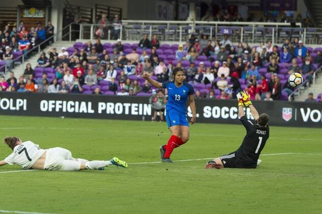 ORLANDO, FL - MARCH 07: France forward Valerie Gauvin (13) scores the third goal fro France during the second half of the SheBelieves Cup match between France and Germany on March 07, 2018, at Orlando City Stadium in Orlando, FL. France defeated Germany 3-0. (Photo by Roy K. Miller Icon Sportswire) SOCCER: MAR 07 SheBelieves Cup - Germany v France Icon180307015 EDITORIAL USE ONLY