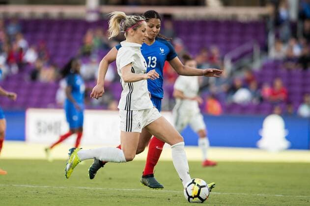 March 7, 2018 - Orlando City, FL, USA - Orlando City, FL - Wednesday March 07, 2018: during a 2018 SheBelieves Cup match between the women s national teams of Germany (GER) and France (FRA) at Orlando City Stadium. Kathrin Hendrich, Valérie Gauvin - ZUMAt139 20180307_zaa_t139_042 Copyright: xJeremyxReperx