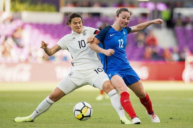 March 7, 2018 - Orlando City, FL, USA - Orlando City, FL - Wednesday March 07, 2018: Dzsenifer Marozsan, GaÃ«tane Thiney during a 2018 SheBelieves Cup match between the women s national teams of Germany (GER) and France (FRA) at Orlando City Stadium. Dzsenifer Marozsan, Gaëtane Thiney - ZUMAt139 20180307_zaa_t139_016 Copyright: xJeremyxReperx