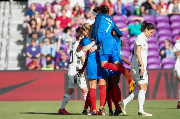 March 7, 2018 - Orlando City, FL, USA - Orlando City, FL - Wednesday March 07, 2018: France celebrates a goal during a 2018 SheBelieves Cup match between the women s national teams of Germany (GER) and France (FRA) at Orlando City Stadium. France celebrates a goal - ZUMAt139 20180307_zaa_t139_046 Copyright: xJeremyxReperx