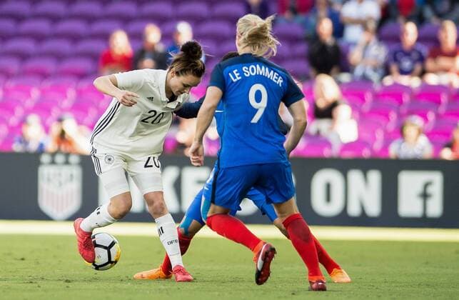 March 7, 2018 - Orlando City, FL, USA - Orlando City, FL - Wednesday March 07, 2018: Eugenie Le Sommer, Lina Magull during a 2018 SheBelieves Cup match between the women s national teams of Germany (GER) and France (FRA) at Orlando City Stadium. Eugénie Le Sommer, Lina Magull - ZUMAt139 20180307_zaa_t139_005 Copyright: xJeremyxReperx