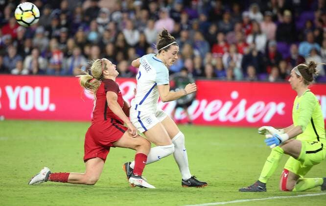 March 7, 2018 - Orlando, FL, USA - USA s Lindsey Horan, left, grimmaces after she couldn t quite get the ball into the goal past England s Lucy Bronze, middle, and goalkeeper Karen Bardsley, right, during the She Believes Cup at Orlando City Stadium on Wednesday, March 7, 2018, in Orlando, Fla. USA vs. England women s soccer in Orlando - ZUMAm67_ 20180307_zaf_m67_018 Copyright: xStephenxM.xDowellx