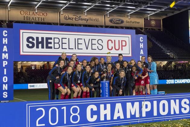 ORLANDO, FL - MARCH 07: Team USA after the awards ceremony of the SheBelieves Cup match between USA and England on March 07, 2018, at Orlando City Stadium in Orlando, FL. USA defeated England 1-0 to win the SheBelieves Cup. (Photo by Roy K. Miller Icon Sportswire) SOCCER: MAR 07 SheBelieves Cup - USA v England Icon180307007 EDITORIAL USE ONLY