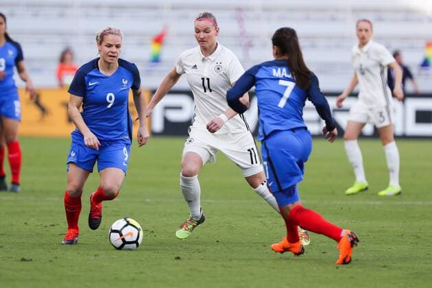ORLANDO, FL - MARCH 07: Germany forward Alexandra Popp (11), France forward Eug?nie Le Sommer (9), and France defender Amel Majri (7) go for the ball during the SheBelieves Cup soccer match between Germany and France on March 7, 2018 at Orlando City Stadium in Orlando FL. (Photo by Joe Petro Icon Sportswire) SOCCER: MAR 07 SheBelieves Cup - Germany v France Icon20180307117 EDITORIAL USE ONLY