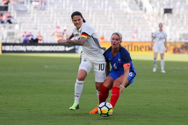 ORLANDO, FL - MARCH 07: Germany midfielder Dzsenifer Marozs?n (10) and France midfielder Amandine Henry (6) collide while going for the ball during the SheBelieves Cup soccer match between Germany and France on March 7, 2018 at Orlando City Stadium in Orlando FL. (Photo by Joe Petro Icon Sportswire) SOCCER: MAR 07 SheBelieves Cup - Germany v France Icon20180307574 EDITORIAL USE ONLY