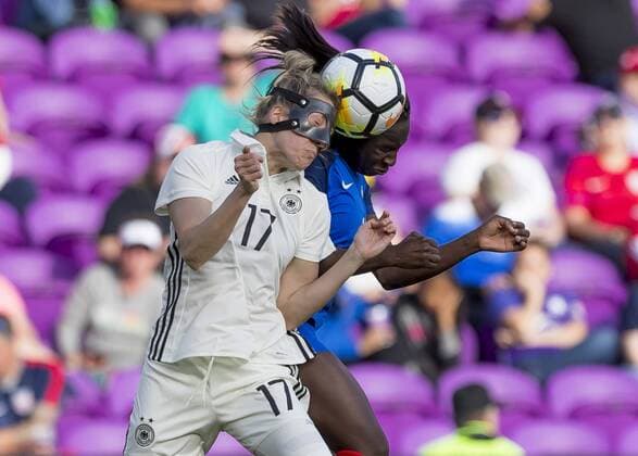 ORLANDO, FL - MARCH 07: Germany defender Verena Faißt (17) goes up for a header SheBelieves Cup between Germany and France on March, 7th 2017 at Orlando City Stadium in Orlando, FL. (Photo by Andrew Bershaw Icon Sportswire) SOCCER: MAR 07 SheBelieves Cup - Germany v France Icon1803071396 EDITORIAL USE ONLY
