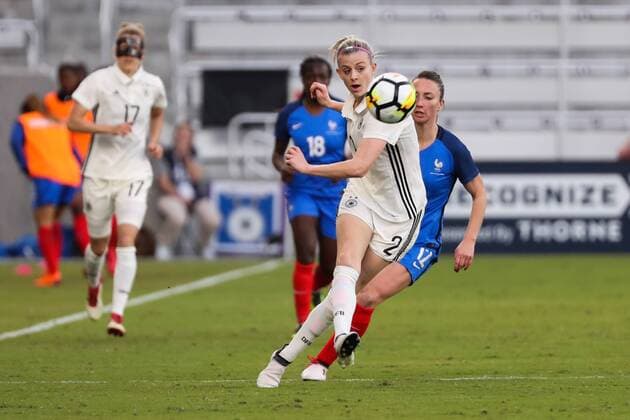 ORLANDO, FL - MARCH 07: Germany defender Johanna Elsig (2) kicks the ball during the SheBelieves Cup soccer match between Germany and France on March 7, 2018 at Orlando City Stadium in Orlando FL. (Photo by Joe Petro Icon Sportswire) SOCCER: MAR 07 SheBelieves Cup - Germany v France Icon20180307824 EDITORIAL USE ONLY