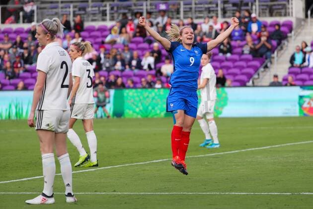 ORLANDO, FL - MARCH 07: France forward Eug?nie Le Sommer (9) celebrates after scoring a goal during the SheBelieves Cup soccer match between Germany and France on March 7, 2018 at Orlando City Stadium in Orlando FL. (Photo by Joe Petro Icon Sportswire) SOCCER: MAR 07 SheBelieves Cup - Germany v France Icon20180307881 EDITORIAL USE ONLY