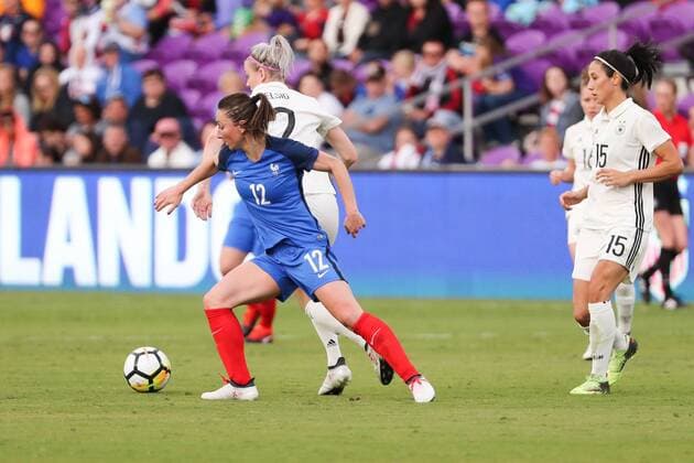 ORLANDO, FL - MARCH 07: France midfielder Ga?tane Thiney (12) and Germany defender Johanna Elsig (2) go for the ball during the SheBelieves Cup soccer match between Germany and France on March 7, 2018 at Orlando City Stadium in Orlando FL. (Photo by Joe Petro Icon Sportswire) SOCCER: MAR 07 SheBelieves Cup - Germany v France Icon20180307957 EDITORIAL USE ONLY