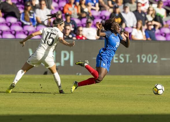 ORLANDO, FL - MARCH 07: France forward Viviane Asseyi (18) gets fouled by Germany defender Sara Doorsoun (15) during the SheBelieves Cup between Germany and France on March, 7th 2017 at Orlando City Stadium in Orlando, FL. (Photo by Andrew Bershaw Icon Sportswire) SOCCER: MAR 07 SheBelieves Cup - Germany v France Icon1803071254 EDITORIAL USE ONLY