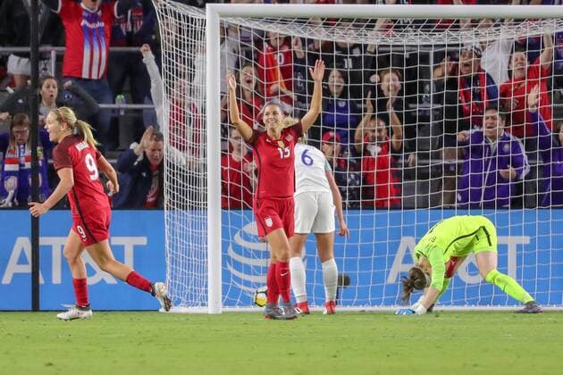 ORLANDO, FL - MARCH 07: United States forward Alex Morgan (13) reacts after United States forward Megan Rapinoe (15) scores a goal during the SheBelieves Cup soccer match between England and The United States on March 7, 2018 at Orlando City Stadium in Orlando FL. (Photo by Joe Petro Icon Sportswire) SOCCER: MAR 07 SheBelieves Cup - USA v England Icon201803071102 EDITORIAL USE ONLY