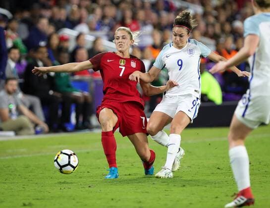 March 7, 2018 - Orlando, Florida, USA - Unites States defender Abby Dahlkemper (7) drives the ball challenged by England forward Jodie Taylor (9) during the first half of the SheBelieves Cup women s soccer match between the USA Women s national team Nationalteam and the English Women s National Team at the Orlando City Stadium in Orlando, Florida. Soccer 2018: SheBelieves Cup - USA vs England MAR 07 - ZUMAh333 20180307_zap_h333_021 Copyright: xMarioxHoubenx
