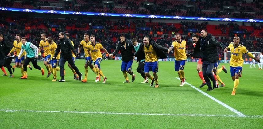 March 7, 2018 - London, England, United Kingdom - Juventus players celebrates they win during UEFA Champions League Round of 16 2nd Leg match Tottenham Hotspur against Juventus at Wembley Stadium on 07 March, 2018 Tottenham Hotspur v Juventus - UEFA Champions League Round of 16: Second Leg  - ZUMAn230 20180307_zaa_n230_474 Copyright: xKieranxGalvinx