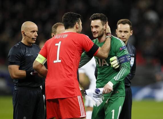 Tottenham s Hugo Lloris shakes hands with Juventus Gianluigi Buffon during the Champions League Round of 16 match at Wembley Stadium, London. Picture date: March 7th 2018. Picture credit should read: David Klein Sportimage EDITORIAL USE ONLY. No use with unauthorised audio, video, data, fixture lists, club league logos or live services. Online in-match use limited to 120 images, no video emulation. No use in betting, games or single club league player publications.
