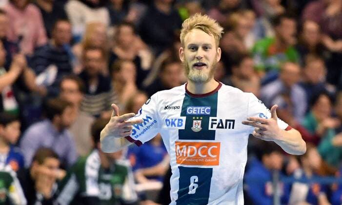 Matthias Musche (Magdeburg), jubelt nach einem Tor Füchse Berlin - SC Magdeburg REWE-Pokal, Viertelfinale 2017 2018, Herren, Männer, Handball, Deutschland, Germany, Max-Schmeling-Halle Berlin, 7.3.2018