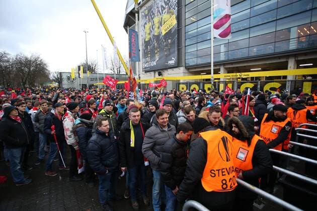 SOCCER - EL, Dortmund vs RBS DORTMUND,GERMANY,08.MAR.18 - SOCCER - UEFA Europa League, last sixteen, Borussia Dortmund vs Red Bull Salzburg. Image shows fans of RBS. GEPAxpictures xMathiasxMandl